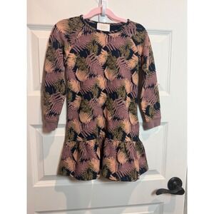 Creamie Girls Navy Fern Print Long Sleeve Ruffle Drop Waist Dress Size 4 104